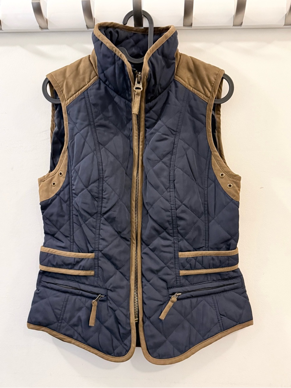 Zara Navy Quilted Vest with Tan Trim